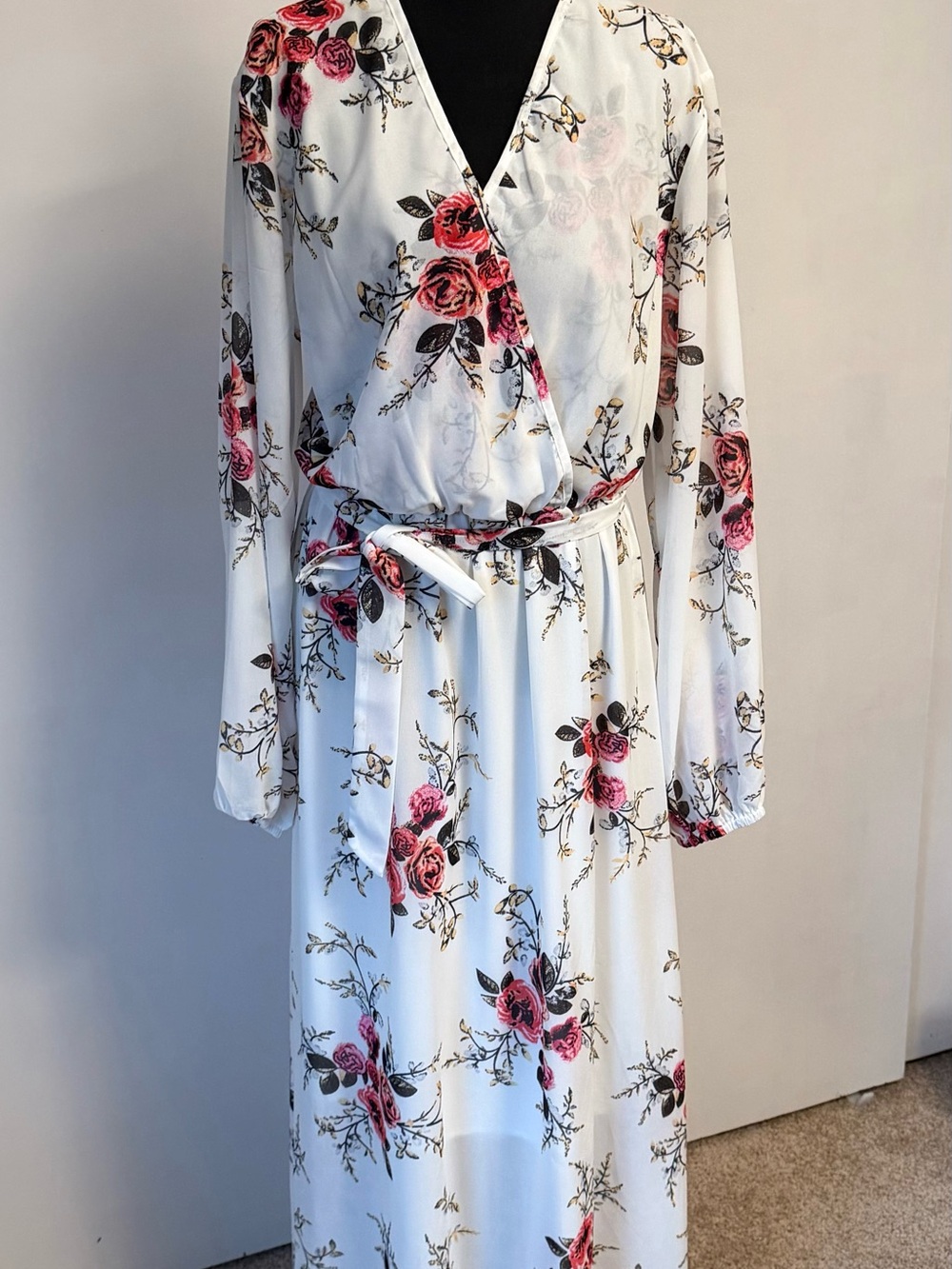 Light Beige Maxi Wrap Dress with Pink Rose Print